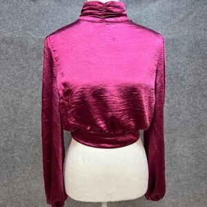 Nasty Gal Collection Magenta Satin Open Back Tie Crop Top Mock Neck Pink Sz 2